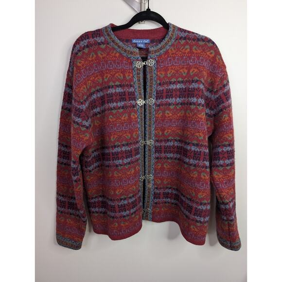 Vintage Eagle Eye Fair Isle Nordic Style Sweater Red 100% Wool Cardigan Large - Picture 1 of 9
